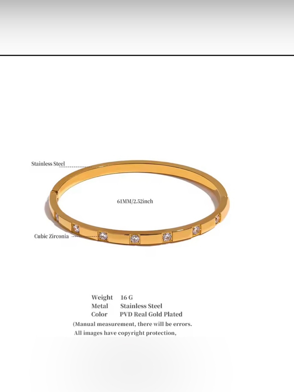 Gold PVD Plated Stainless Steel Bangle with Cubic Zirconia Accents - Picture 2 of 9